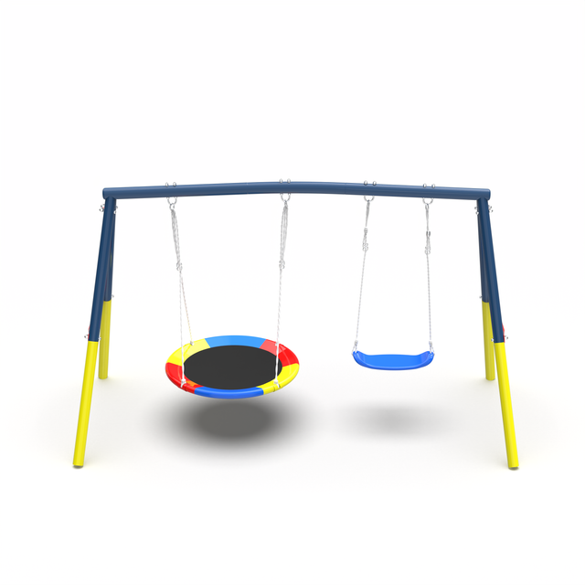 Swing Set for Backyard, 330lbs Swing Set with Heavy-Duty A-Frame Metal Outdoor Swing Stand, 1 Saucer Swing Seat & 1 Belt Swings Seat