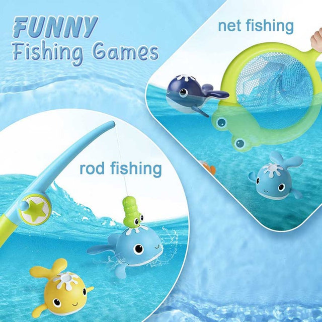 Magnet Baby Bath Fishing Toys - Wind-up Swimming Whales Bathtub Toy Fishing Game, Water Tub Toys Set with Fishing Pole & Net for Toddler Kids 3 4 5 6 Years Old | Shinymarch®