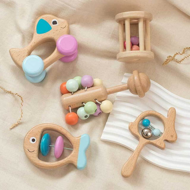 Wooden Colorful Hand Rattles Set for Newborns, Crawling Babies and Walking Toddlers | Shinymarch