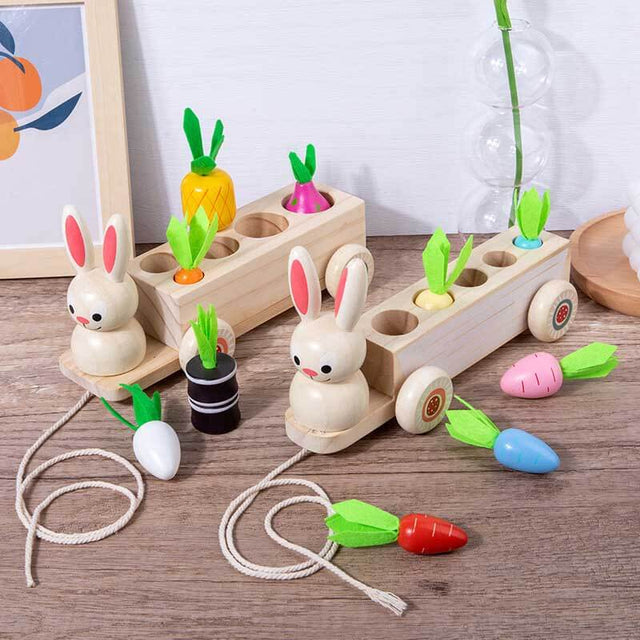 Multiple Function Vegetables and Fruits Harvest Wooden Montessori Toys, Carrot Pulling Rabbit Trailer | Shinymarch