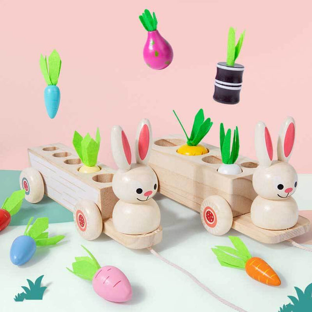 Multiple Function Vegetables and Fruits Harvest Wooden Montessori Toys, Carrot Pulling Rabbit Trailer | Shinymarch