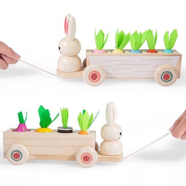 Multiple Function Vegetables and Fruits Harvest Wooden Montessori Toys, Carrot Pulling Rabbit Trailer | Shinymarch
