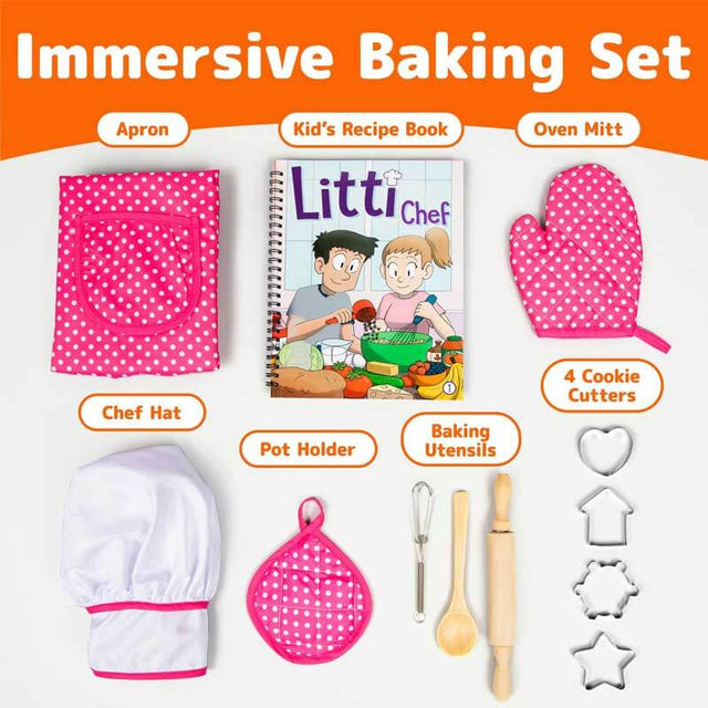 Kids Cooking and Baking Chef Set, Complete Cooking Sets, Toddler Dress Up & Pretend Play Costume Clothes, Kit Blue/ Pink Kid Chef Apron & Accessories, Kids Kitchen Toys 3-5 Years Old | Shinymarch
