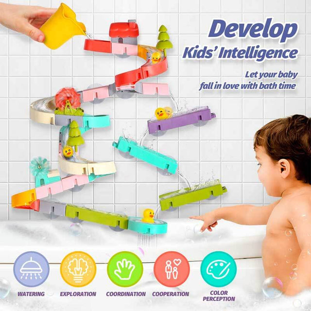 Wall Bathtub Toy Slide, 66 PCS Bathtub Toys for Preschool Child with Slide Duck, Mold Free Shower Water Toys with Suction Cups, Ideal Christmas Birthday Gift | Shinymarch