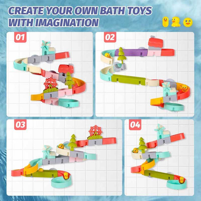 Wall Bathtub Toy Slide, 66 PCS Bathtub Toys for Preschool Child with Slide Duck, Mold Free Shower Water Toys with Suction Cups, Ideal Christmas Birthday Gift | Shinymarch