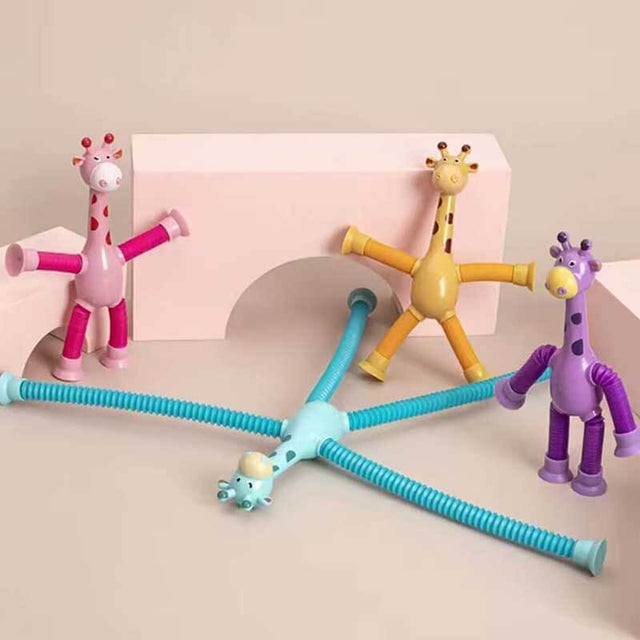 Telescopic Suction Cup Toys, 4 Pcs Telescopic Suction Cup Giraffe Toy, Fun Educational Shape-Changing Giraffe Telescopic Tube Cartoon Puzzle Suction Cup Parent-Child Interactive Decompression Toy | Shinymarch