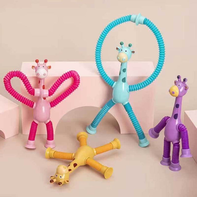 Telescopic Suction Cup Toys, 4 Pcs Telescopic Suction Cup Giraffe Toy, Fun Educational Shape-Changing Giraffe Telescopic Tube Cartoon Puzzle Suction Cup Parent-Child Interactive Decompression Toy | Shinymarch