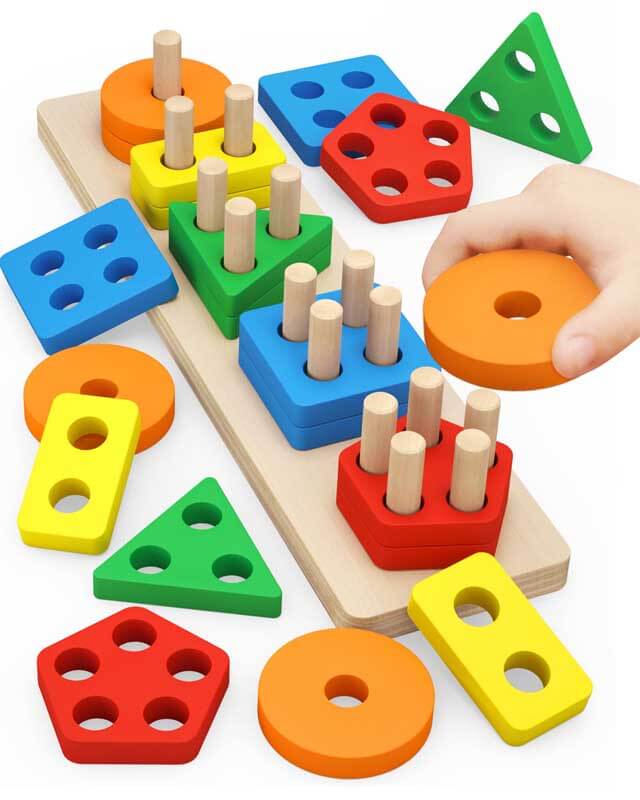 Montessori Toys for 1 to 3-Year-Old Boys Girls Toddlers, Wooden Sorting & Stacking Toys for Kids Preschool, Educational Toys, Color Recognition Stacker Shape Sorter, Learning Puzzles Gift | Shinymarch