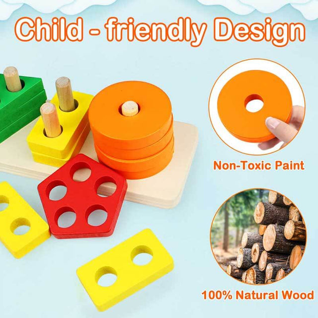 Montessori Toys for 1 to 3-Year-Old Boys Girls Toddlers, Wooden Sorting & Stacking Toys for Kids Preschool, Educational Toys, Color Recognition Stacker Shape Sorter, Learning Puzzles Gift | Shinymarch