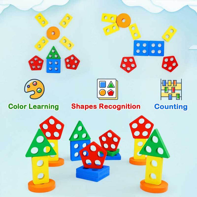 Montessori Toys for 1 to 3-Year-Old Boys Girls Toddlers, Wooden Sorting & Stacking Toys for Kids Preschool, Educational Toys, Color Recognition Stacker Shape Sorter, Learning Puzzles Gift | Shinymarch