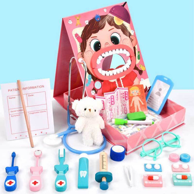 Wooden Simulation Dentist Set, Kids Doctor Kit, 18 PCS Kids Doctor Playset, Wooden Dentist Kit for Kids, Pretend Play for Toddlers 3-5 | Shinymarch
