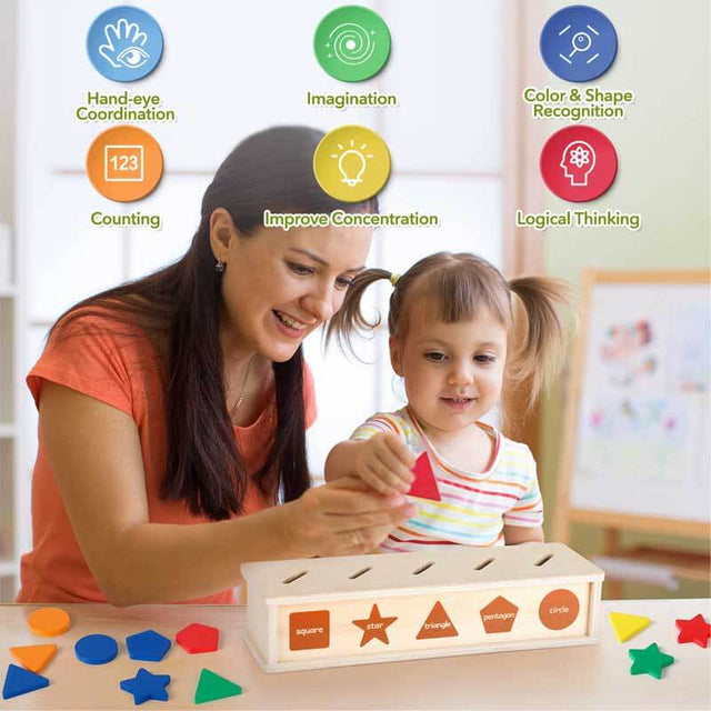 Color Shape Sorting Toy for Toddler 1-3 Year Old, Wooden Montessori Toy Shape Sorter Color Matching Box Game, Preschool Early Educational Learning Sensory Toy for Baby Boy Girl 1 2 3 Year Old | Shinymarch