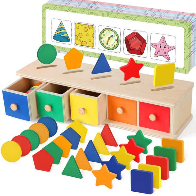 Color Shape Sorting Toy for Toddler 1-3 Year Old, Wooden Montessori Toy Shape Sorter Color Matching Box Game, Preschool Early Educational Learning Sensory Toy for Baby Boy Girl 1 2 3 Year Old | Shinymarch