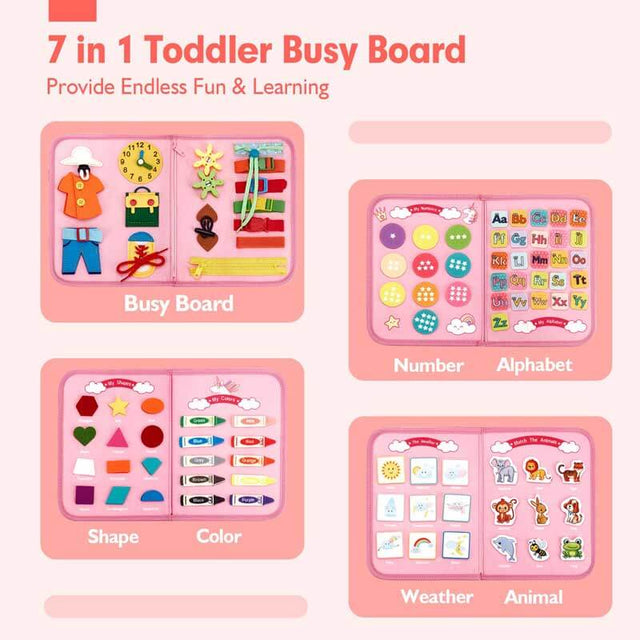 Busy Board - Montessori Toys for 2 Year Old Girl Bithday Gift - 7 in 1 Preschool Learning Activities with Life Skill, Alphabet, Number, Shape, Color, Animal, Weather - Toddler Travel Toys | Shinymarch
