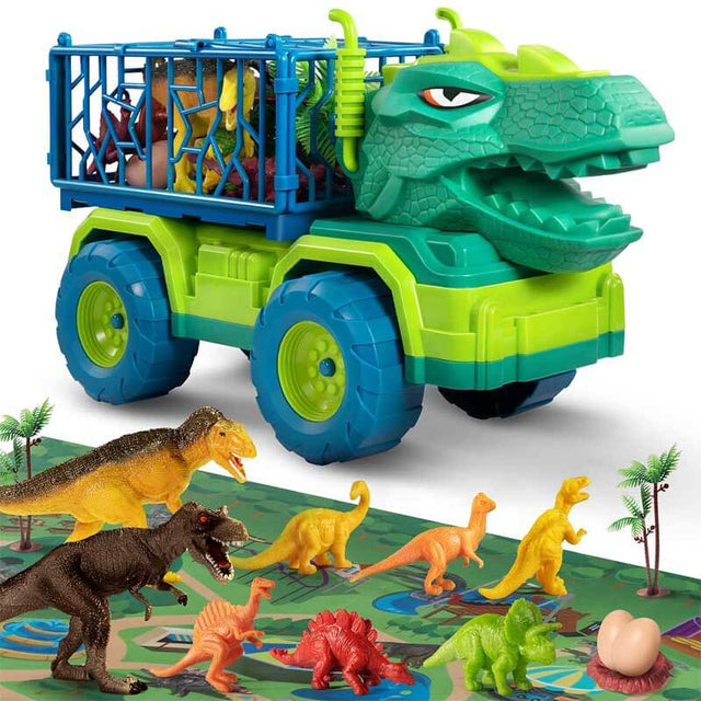Dinosaur Toys for Toddlers Kids 3-5, Triceratops Transport Car Carrier Truck with 8 Dino Figures, Play Mat, Dino Eggs and Trees, Capture Jurassic Dinosaurs Play Set for Boys and Girls | Shinymarch