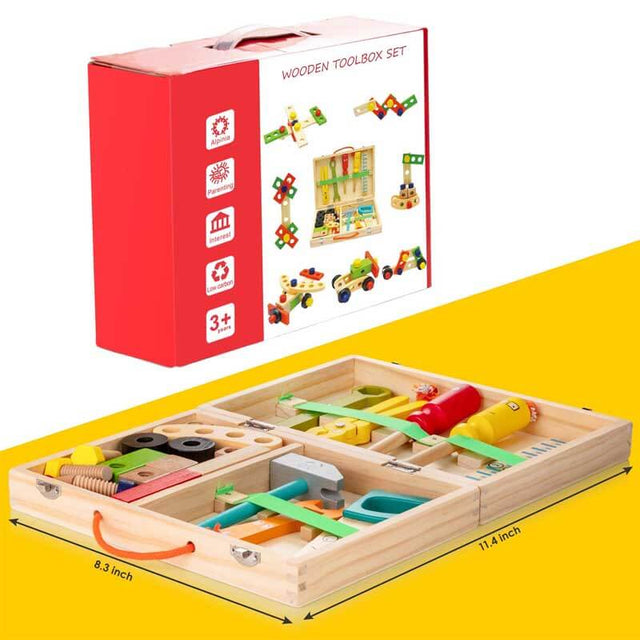 Tool Kit for Kids, 37 pcs Wooden Toddler Tools Set Includes Tool Box & Stickers, Montessori Educational STEM Construction Toys for 3 4 5 6 7 Years Old Boys Girls, Best Birthday Gift for Kids | Shinymarch
