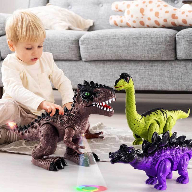 3 Pack Electric Walking Dinosaur Toys for Toddlers 2-4 3-5 Years with Roar Sounds and Lights Up, Realistic Robot T-Rex, Brachiosaurus, Stegosaurus Dinosaur Figures for Kids | Shinymarch