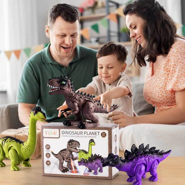 3 Pack Electric Walking Dinosaur Toys for Toddlers 2-4 3-5 Years with Roar Sounds and Lights Up, Realistic Robot T-Rex, Brachiosaurus, Stegosaurus Dinosaur Figures for Kids | Shinymarch