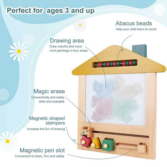 Wooden Magnetic Drawing Board Toy for Toddler,Erasable Writing Sketch Colorful Pad Area Educational Learning Toy for Kid with Three Stamps and a Pen | Shinymarch