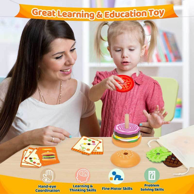 Montessori Toys for 2, 3, 4, 5, Year Old, Wooden Burger Stacking Toys, Fine Motor Toys for Kids Boys Girls, Ideal Preschool Educational and Learning Toys, Perfect Christmas Birthday Gifts | Shinymarch