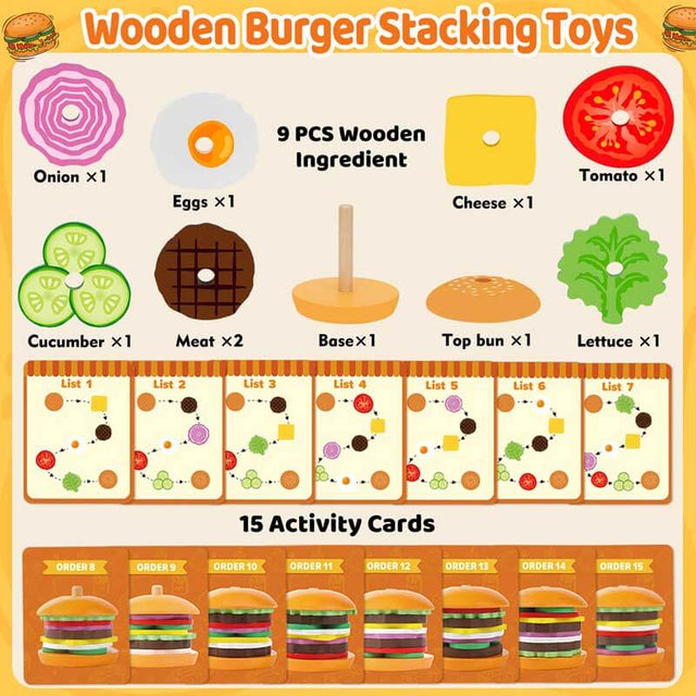 Montessori Toys for 2, 3, 4, 5, Year Old, Wooden Burger Stacking Toys, Fine Motor Toys for Kids Boys Girls, Ideal Preschool Educational and Learning Toys, Perfect Christmas Birthday Gifts | Shinymarch