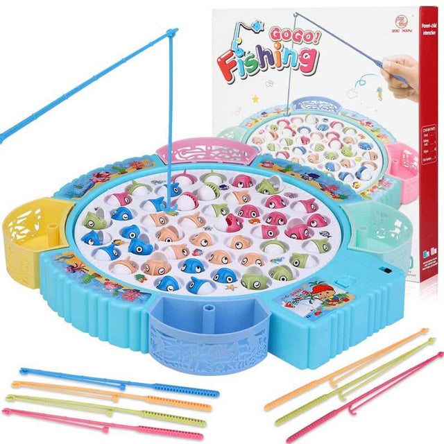 Fishing Game Play Set - 45 Magnetic Fish, 8 Poles & Rotating Board On-Off Music - Family Children Backyard Colorful Toy Games for Kids and Toddlers Age 3 and Up | Shinymarch