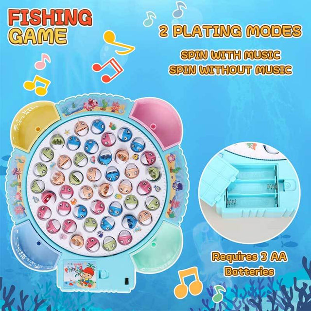 Fishing Game Play Set - 45 Magnetic Fish, 8 Poles & Rotating Board On-Off Music - Family Children Backyard Colorful Toy Games for Kids and Toddlers Age 3 and Up | Shinymarch