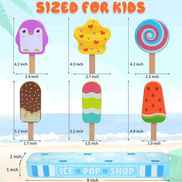 Wooden Toy Foods for Kids, 7 Pcs Ice Pop Pretend Play Set, Play Food Toys Set, Preschool Toy Gift for Boys Girls Ages 3 4 5 6 7 8 | Shinymarch