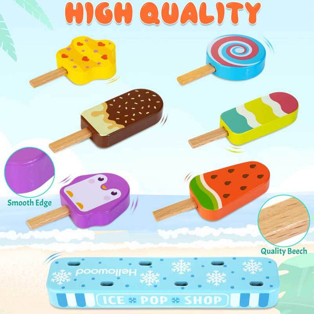 Wooden Toy Foods for Kids, 7 Pcs Ice Pop Pretend Play Set, Play Food Toys Set, Preschool Toy Gift for Boys Girls Ages 3 4 5 6 7 8 | Shinymarch