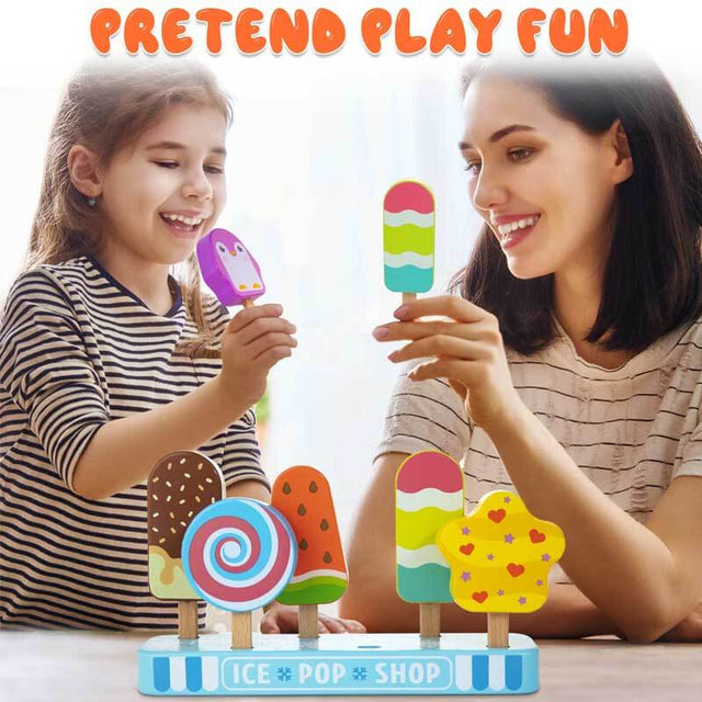 Wooden Toy Foods for Kids, 7 Pcs Ice Pop Pretend Play Set, Play Food Toys Set, Preschool Toy Gift for Boys Girls Ages 3 4 5 6 7 8 | Shinymarch