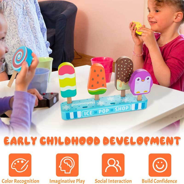 Wooden Toy Foods for Kids, 7 Pcs Ice Pop Pretend Play Set, Play Food Toys Set, Preschool Toy Gift for Boys Girls Ages 3 4 5 6 7 8 | Shinymarch