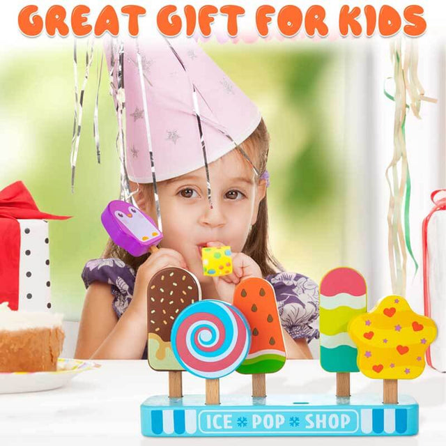 Wooden Toy Foods for Kids, 7 Pcs Ice Pop Pretend Play Set, Play Food Toys Set, Preschool Toy Gift for Boys Girls Ages 3 4 5 6 7 8 | Shinymarch