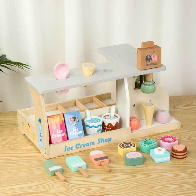 Wooden Scoop and Serve Ice Cream Counter - Play Food and Accessories - Pretend Food Toys, Ice Cream Shop Toys For Kids Ages 3+ | Shinymarch 