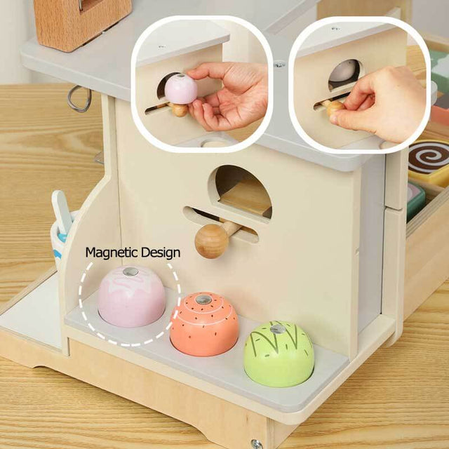 Wooden Scoop and Serve Ice Cream Counter - Play Food and Accessories - Pretend Food Toys, Ice Cream Shop Toys For Kids Ages 3+ | Shinymarch 