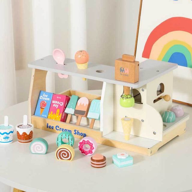 Wooden Scoop and Serve Ice Cream Counter - Play Food and Accessories - Pretend Food Toys, Ice Cream Shop Toys For Kids Ages 3+ | Shinymarch 