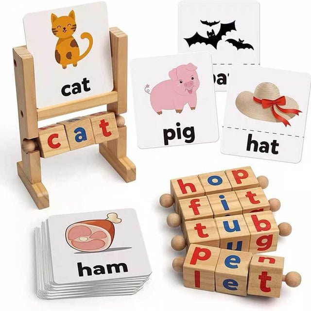 Wooden Reading Blocks Short Vowel Rods Spelling Games, Flash Cards Turning Rotating Letter Puzzle for Kids, Sight Words Montessori Spinning Alphabet Learning Toy for Preschool Boys Girls | Shinymarch
