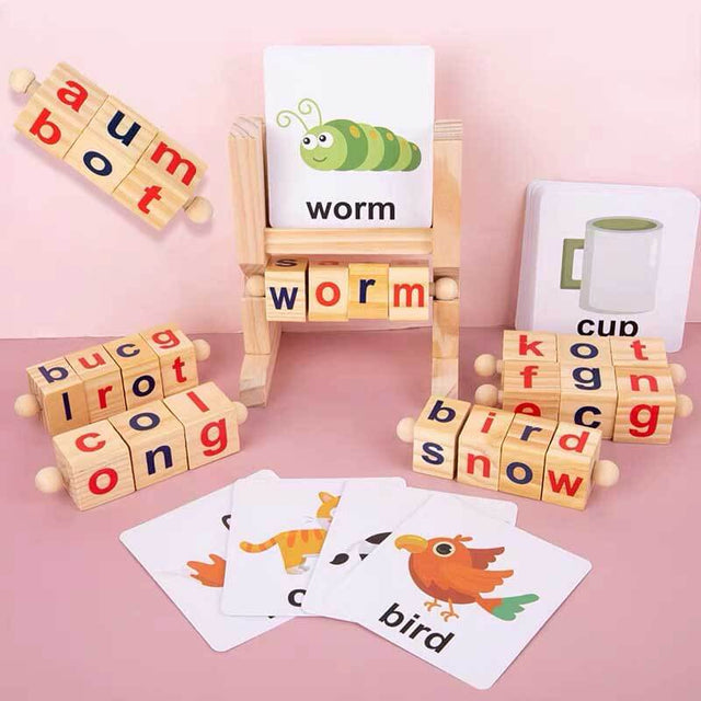 Wooden Reading Blocks Short Vowel Rods Spelling Games, Flash Cards Turning Rotating Letter Puzzle for Kids, Sight Words Montessori Spinning Alphabet Learning Toy for Preschool Boys Girls | Shinymarch