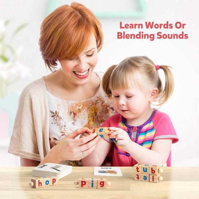 Wooden Reading Blocks Short Vowel Rods Spelling Games, Flash Cards Turning Rotating Letter Puzzle for Kids, Sight Words Montessori Spinning Alphabet Learning Toy for Preschool Boys Girls | Shinymarch