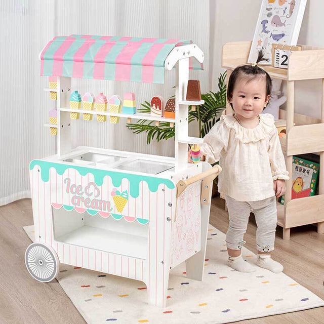 Wooden Ice Cream Cart for Kids, Pretend Play Food Trunk Toy Display Rack & Simulation Frozen Compartment, 2 Large Wheels, Cute Ice Cream Toy Set for Boys Girls 3+ | Shinymarch