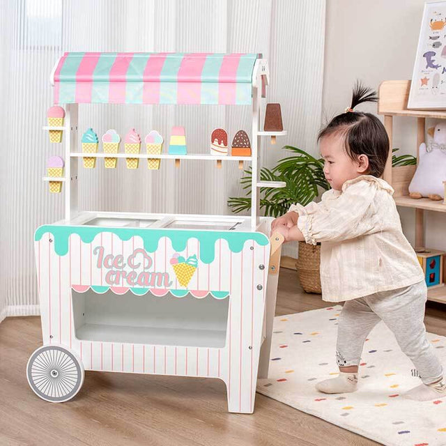 Wooden Ice Cream Cart for Kids, Pretend Play Food Trunk Toy Display Rack & Simulation Frozen Compartment, 2 Large Wheels, Cute Ice Cream Toy Set for Boys Girls 3+ | Shinymarch