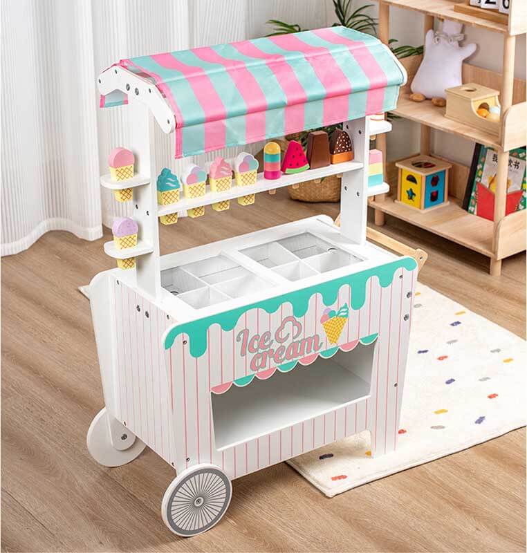 Wooden Ice Cream Cart for Kids Pretend Play Food Trunk Toy Display Rack Simulation Frozen Compartment 2 Large Wheels Cute Ice Cream Toy Set for Boys Girls 3 Shinymarch shinymarch