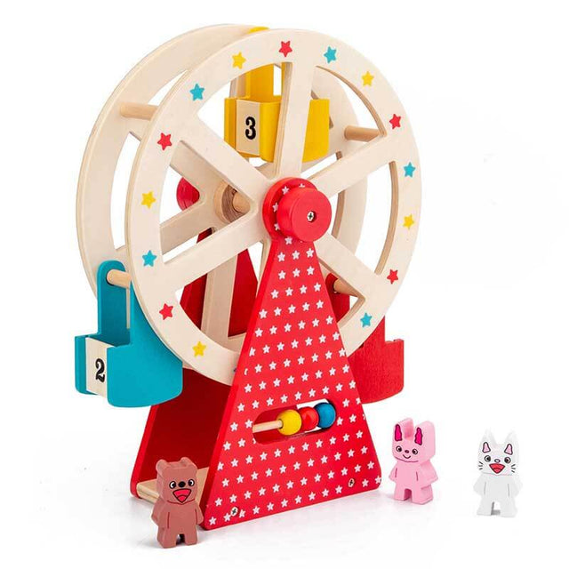 Ferris Wheel Carnival Wooden Toy, 2 Animal Characters Included – Pre-Assembled Wooden Ferris Wheel Toy with Sturdy Wood Construction, Non-Toxic and Safe for Kids, Ideal for Ages 3+ | Shinymarch