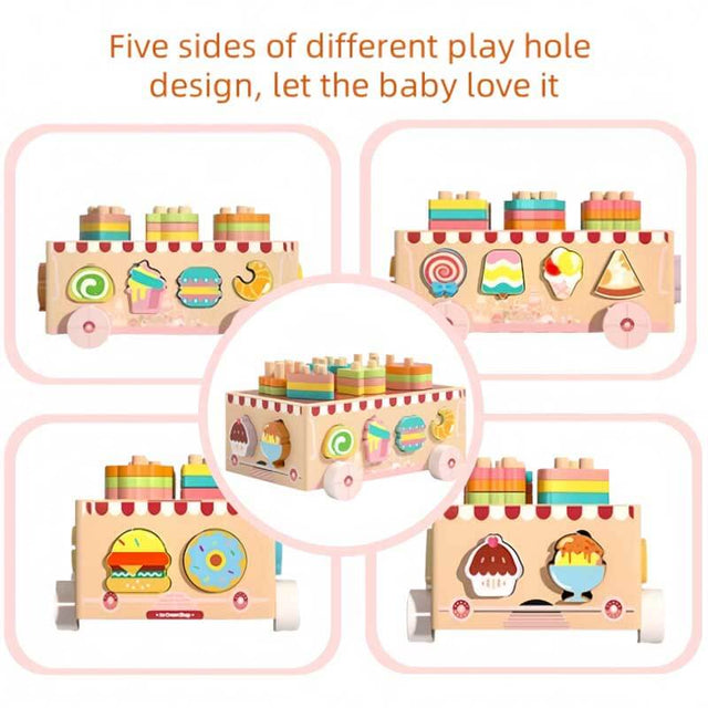 Montessori Wooden Ice Cream Dessert Cart, Shape Sorting Toys for Boys and Girls 3-6 Years Old，One Year Old Girl Birthday Gifts，Early Childhood Education Fine Motor Skills Development | Shinymarch