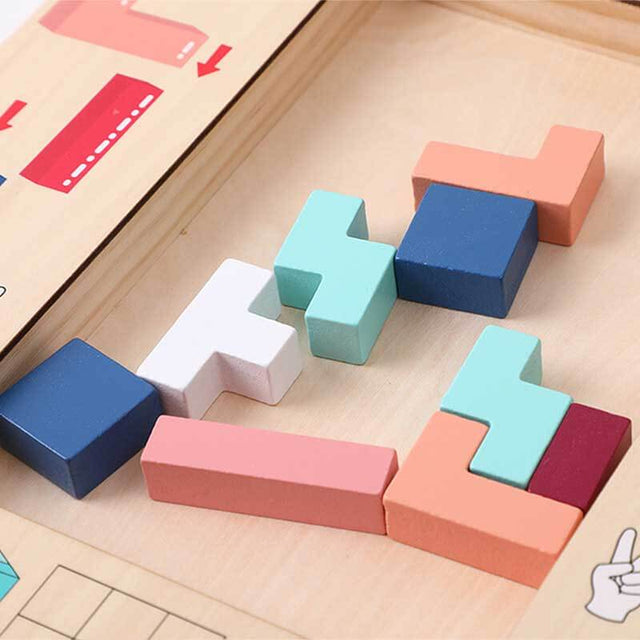 Wooden Blocks Puzzle Brain Teasers Toy Tangram Jigsaw Intelligence Colorful 3D Tetris Blocks Game STEM Montessori Educational Gift for Kids | Shinymarch