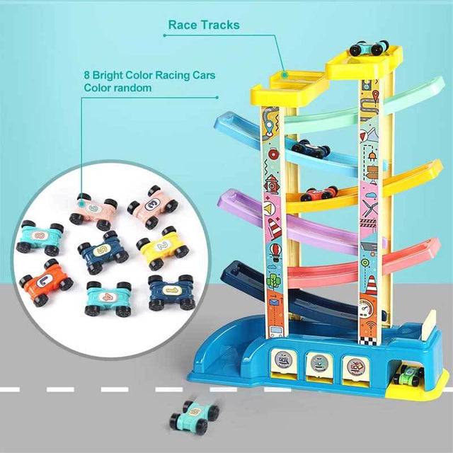 Gliding Car Toy Toddler Toys Car Ramp Toy Race Track Car Gifts Zig Zag Car Slide with 6 Ramps 8 Mini Cars- Racing Car Toys for Kids Boys Girls 3 4 5 6 | Shinymarch