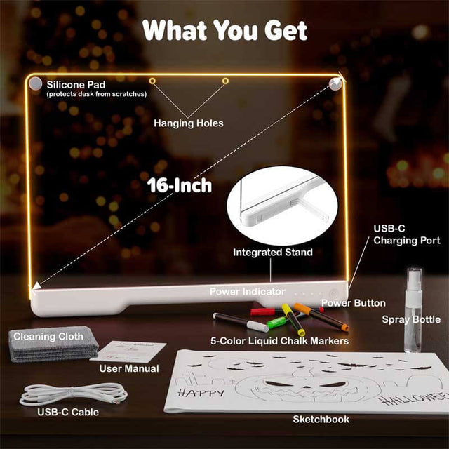 16-Inch Rechargeable Doodle Glow LED Note Board, 9-Color Light Modes, Neon Art Dry Erase Light Up Drawing Pad with Built-in Stand, Sketching Gift Toy for Kids/Girls/Teens, 5 Markers & Tracing Book | Shinymarch