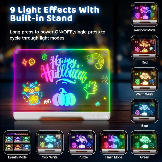 16-Inch Rechargeable Doodle Glow LED Note Board, 9-Color Light Modes, Neon Art Dry Erase Light Up Drawing Pad with Built-in Stand, Sketching Gift Toy for Kids/Girls/Teens, 5 Markers & Tracing Book | Shinymarch