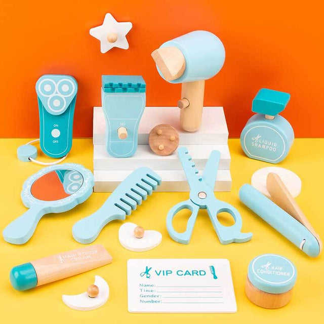 Wooden Barber Set for Kids - Imaginative Pretend Play Toy with Hair Accessories | Shinymarch