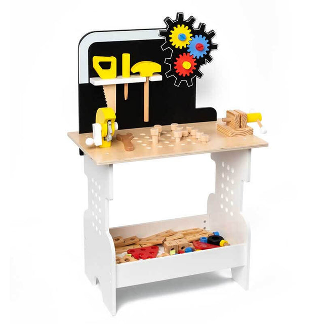 Premium Wooden Tool Table for Kids - Realistic Pretend Play Workbench with Gears and Tools - Early Education Montessori Toy for Fine Motor Skills and Creativity (Durable, Safe, and Educational | Shinymarch