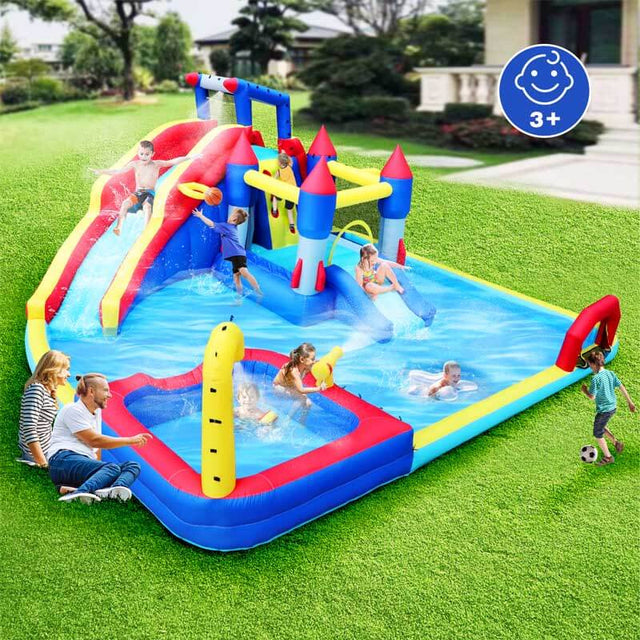 10 in1 Inflatable slide water park bouncing house garden with splash pool & water gun & basketball & climbing wall & dual pools & soccer | Shinymarch